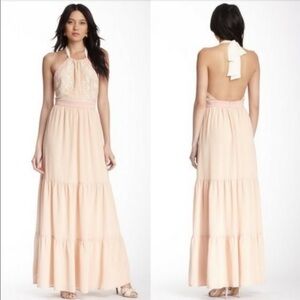 E013 Anthropologie Champagne & Strawberry Backless Halter Layered Maxi Dress